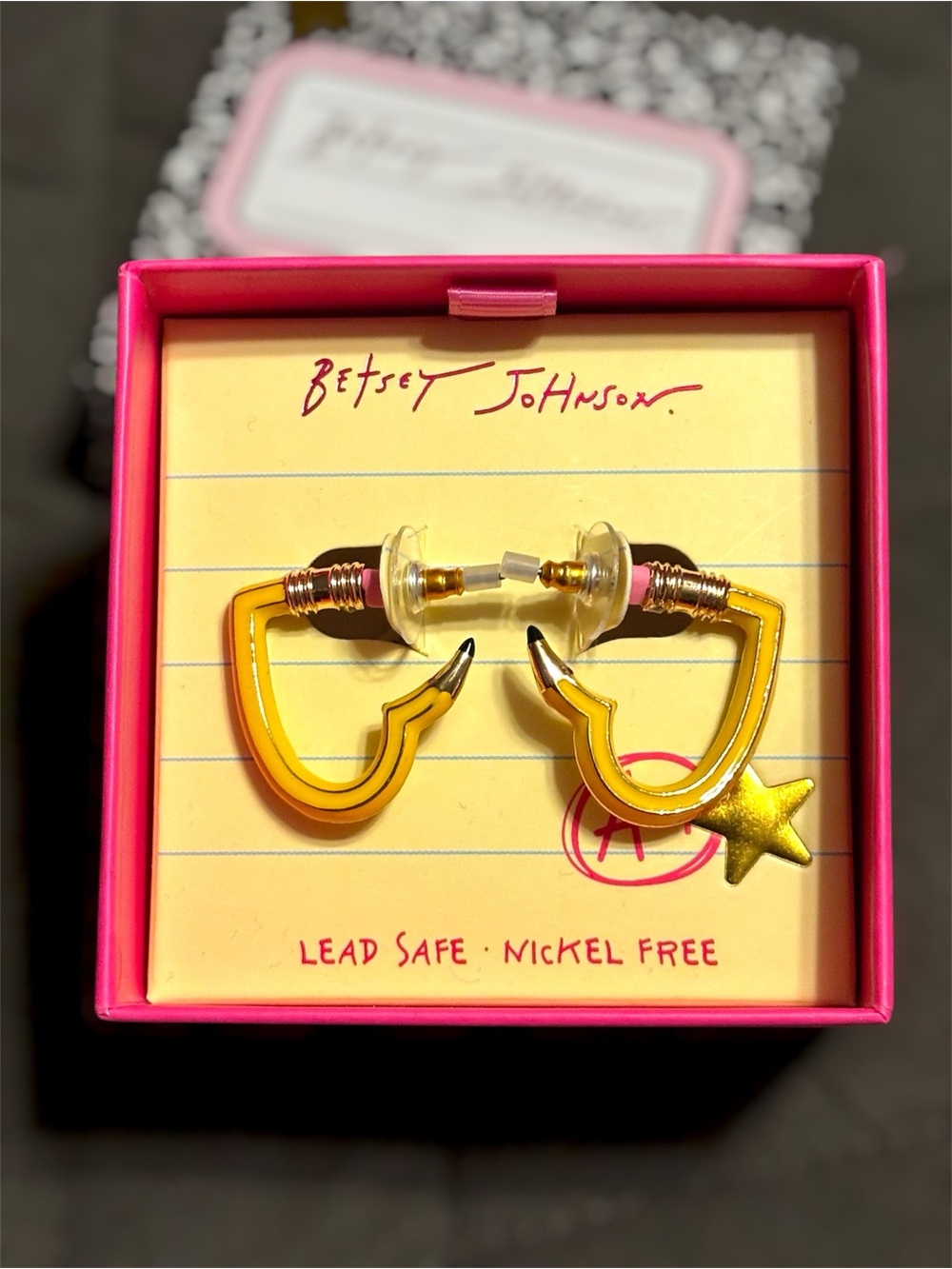 NWT•Betsey Johnson Pencil Heart Hoop Earrings